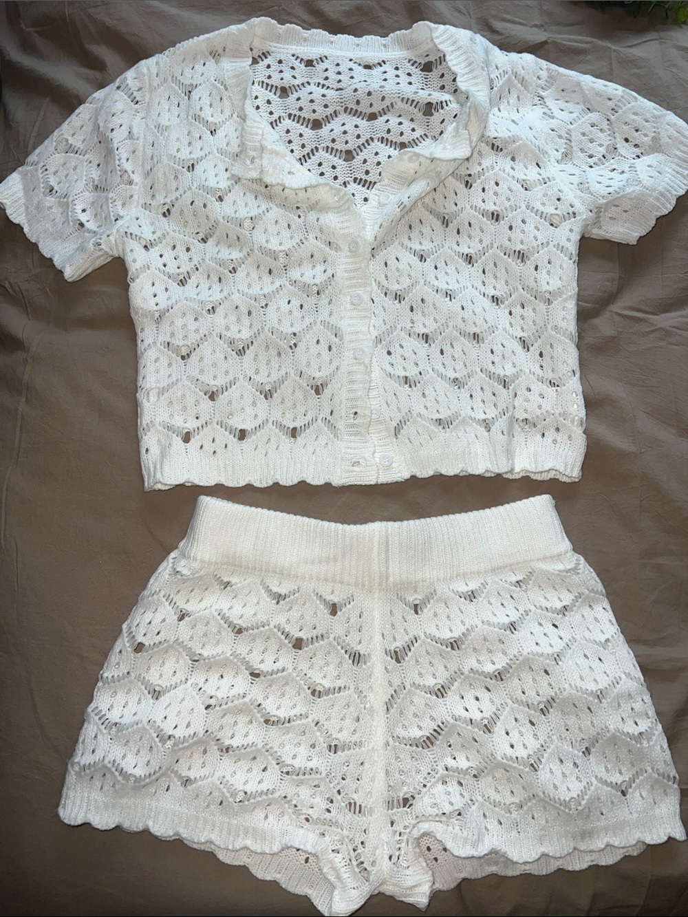 White Knit Two-Piece Set - Short Sleeve Cardigan & Shorts swim cover up